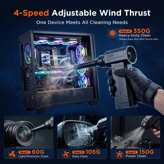 Alt view image 5 of 6 - Compressed Air Duster, 350g High-Thrust Air Blower for PC Cleaning | Deep Cleaning,Rechargeable,4-Speed Adjustable,LED Light,110K RPM,Hurricane-Force,for Computer Keyboard, House, Outdoor, Car