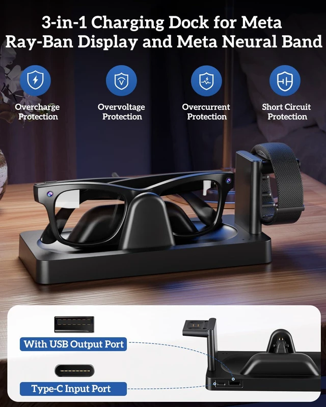 Alt view image 2 of 6 - Charging Dock for Meta Ray-Ban Display Glasses & Neural Band | 3-in-1 Charging Station with Anti-Slip Base, LED Indicator & USB Output, Stable Smart Glasses Charger Stand
