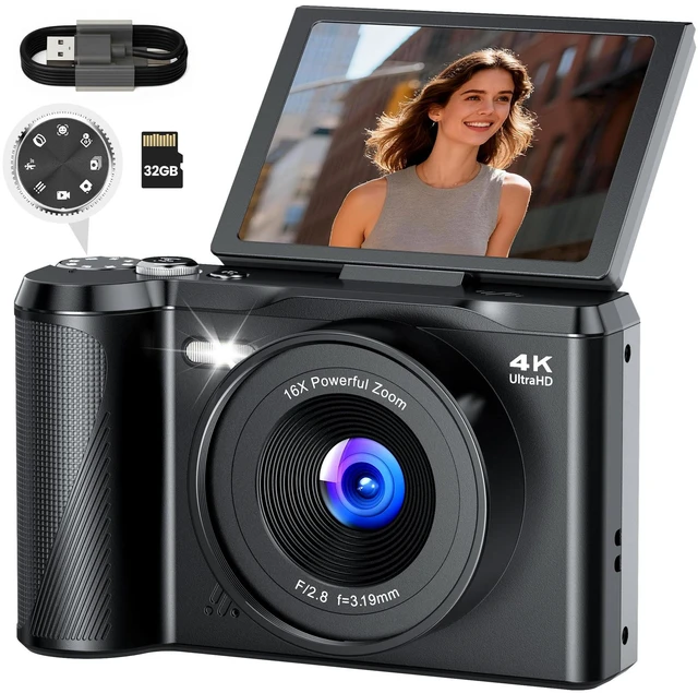 Main image of Digital Camera 4K for Photography Vlogging: 56MP Cameras with Mode Dial for Video - 16X Zoom Photo Camera Gifts for Teens Ages 8-16 - 180°Flip Screen Compact Cámara - Point and Shoot Digital Cameras
