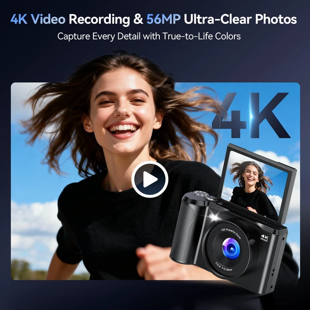Alt view image 2 of 6 - Digital Camera 4K for Photography Vlogging: 56MP Cameras with Mode Dial for Video - 16X Zoom Photo Camera Gifts for Teens Ages 8-16 - 180°Flip Screen Compact Cámara - Point and Shoot Digital Cameras