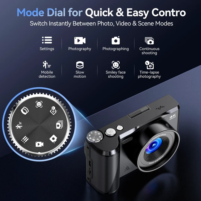 Alt view image 3 of 6 - Digital Camera 4K for Photography Vlogging: 56MP Cameras with Mode Dial for Video - 16X Zoom Photo Camera Gifts for Teens Ages 8-16 - 180°Flip Screen Compact Cámara - Point and Shoot Digital Cameras