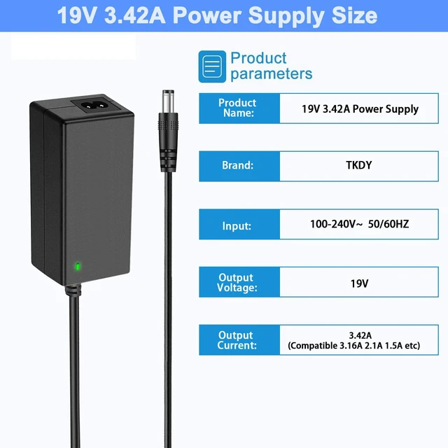 Alt view image 2 of 6 - 19V DC Power Supply, 19V 3.42A Laptop Charger, LCD Monitor Power Cord. | 19Volt Adapter with 10 Tips, fit for 19 Volt Acer Asus Lenovo Gateway Toshiba Laptop, 19Vdc Samsung LG TV Monitor