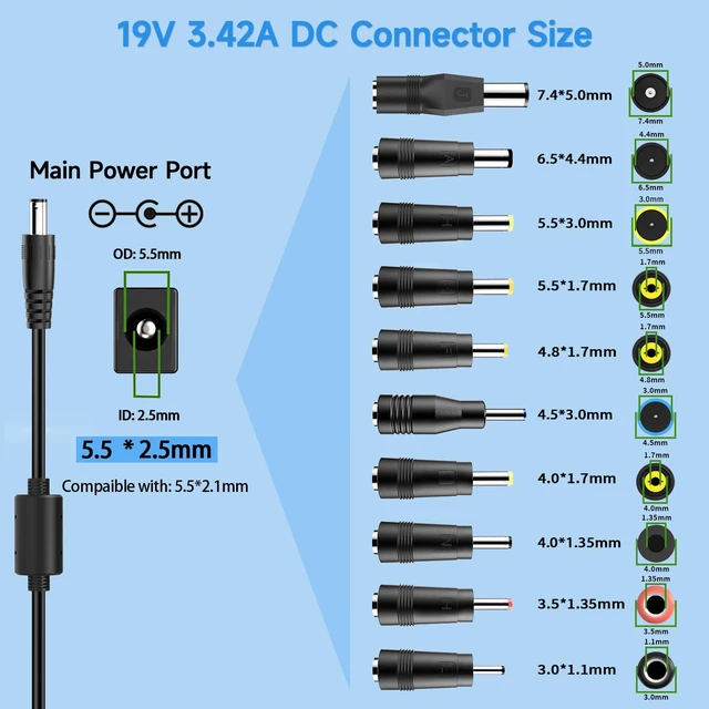 Alt view image 5 of 6 - 19V DC Power Supply, 19V 3.42A Laptop Charger, LCD Monitor Power Cord. | 19Volt Adapter with 10 Tips, fit for 19 Volt Acer Asus Lenovo Gateway Toshiba Laptop, 19Vdc Samsung LG TV Monitor