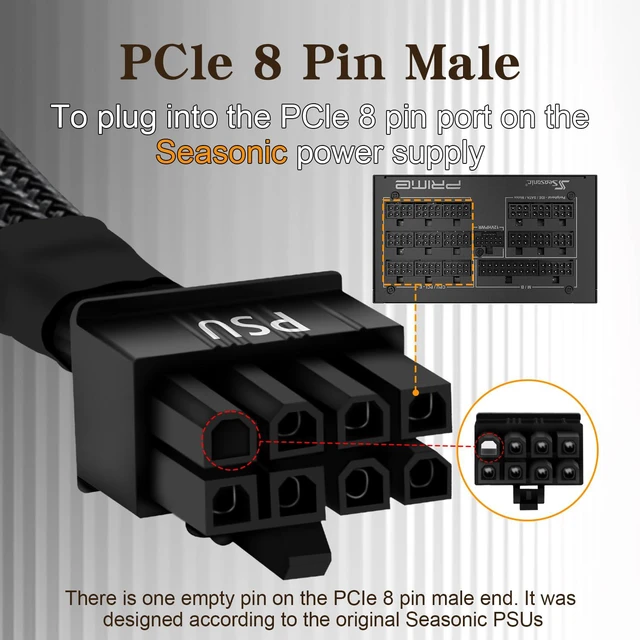 Alt view image 2 of 6 - (2-Pack) 8 Pin PCIe Cable for Seasonic PSUs, PCIe 8 Pin Male to PCIe (6+2) Male Power Adapter Sleeved 25-inch (63cm)