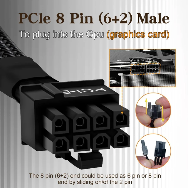 Alt view image 3 of 6 - (2-Pack) 8 Pin PCIe Cable for Seasonic PSUs, PCIe 8 Pin Male to PCIe (6+2) Male Power Adapter Sleeved 25-inch (63cm)