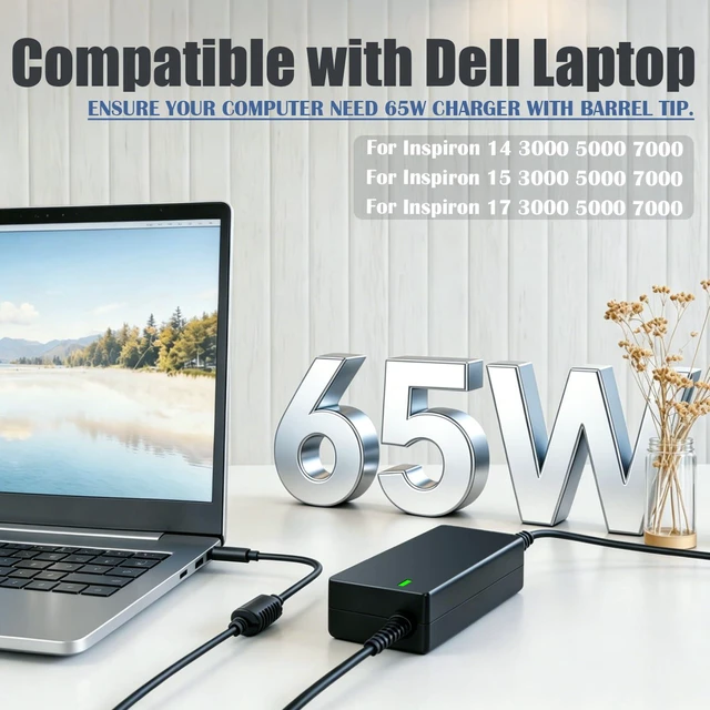 Alt view image 2 of 6 - 45W 65W Charger Compatible with Dell Inspiron 15 3000 Laptop HA65NS5-00 | Power Cord for Inspiron 3581 3583 3501 3521 3530 DC15250 DC15255 DC16250 DC16251 DC16255 DC14250 Computer Adapter DA65NM191