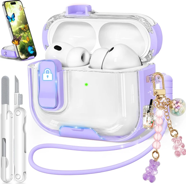 Main image of for Airpods Pro 3 Case 2025, Anti-Yellowing Clear Case for Airpods Pro 3 with Secure Lock & Phone Stand, Soft TPU Drop Protection Cover with Cleaning Kit (Purple)
