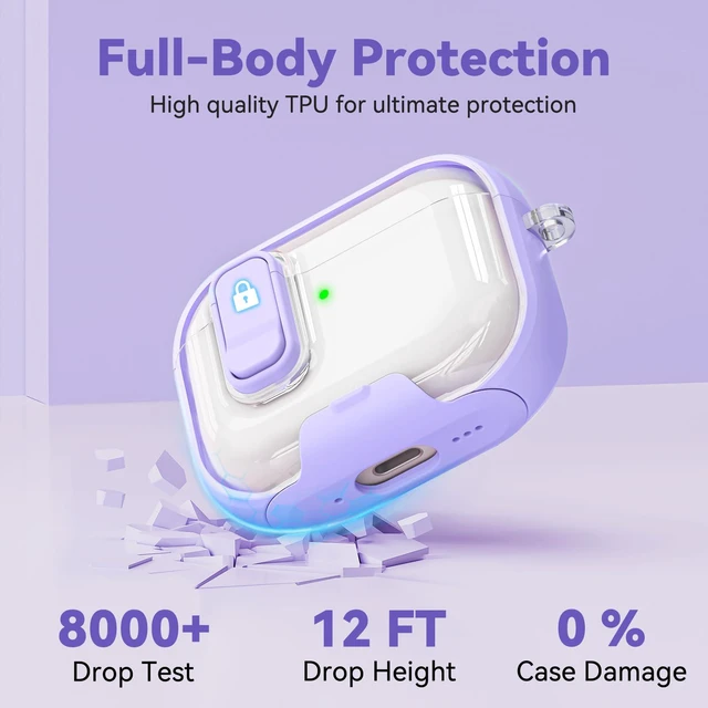 Alt view image 2 of 6 - for Airpods Pro 3 Case 2025, Anti-Yellowing Clear Case for Airpods Pro 3 with Secure Lock & Phone Stand, Soft TPU Drop Protection Cover with Cleaning Kit (Purple)