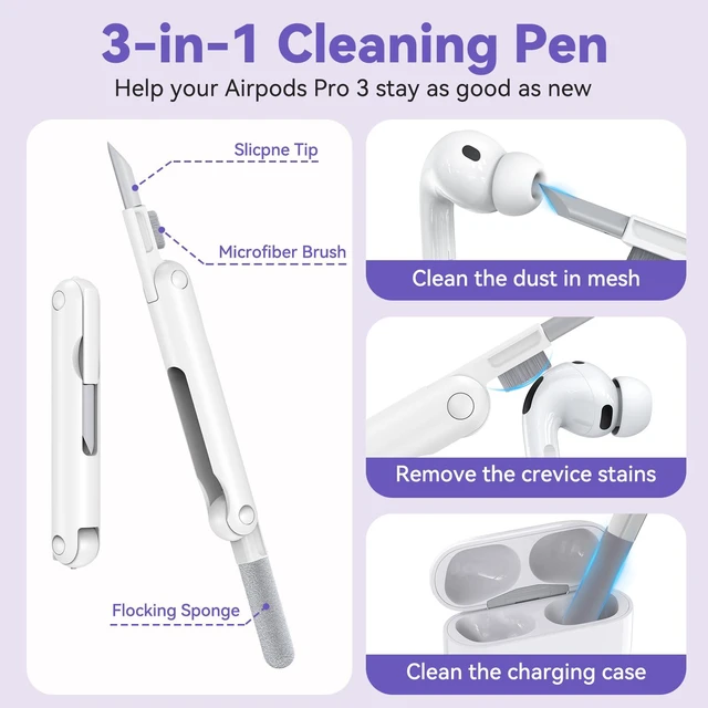 Alt view image 3 of 6 - for Airpods Pro 3 Case 2025, Anti-Yellowing Clear Case for Airpods Pro 3 with Secure Lock & Phone Stand, Soft TPU Drop Protection Cover with Cleaning Kit (Purple)