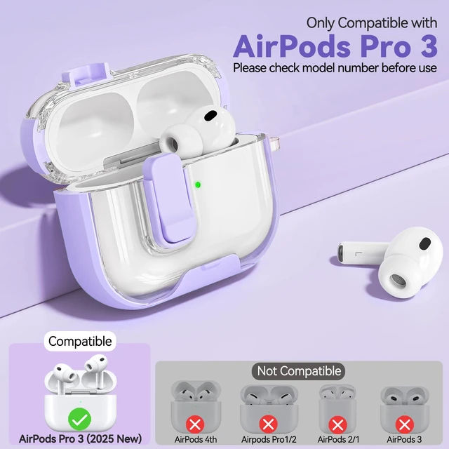 Alt view image 5 of 6 - for Airpods Pro 3 Case 2025, Anti-Yellowing Clear Case for Airpods Pro 3 with Secure Lock & Phone Stand, Soft TPU Drop Protection Cover with Cleaning Kit (Purple)