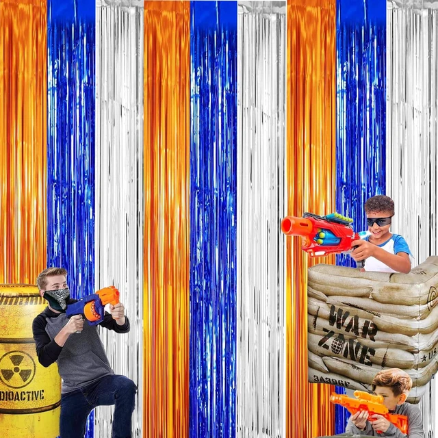 Alt view image 5 of 6 - Dart War Party Photo Booth Props Backdrop Orange Blue Sliver Foil Fringe Curtains for Dart War Outer Space Birthday Party Decorations 3 Pack.9.9x19.8ft