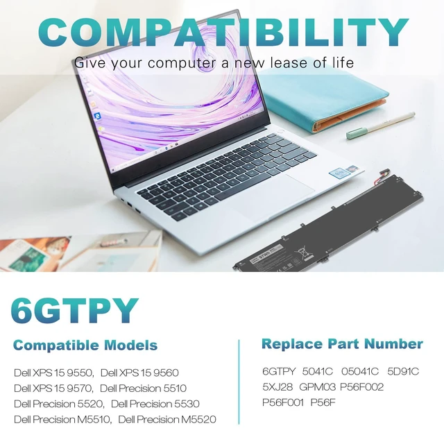 Alt view image 3 of 6 - 6GTPY 97WH Battery for Dell XPS 15 9550 9560 9570 7590 Precision 5510 5520 5530 5540 Vostro 7500 7590,Replacement 4GVGH GPM03 M2X4 5XJ28 05XJ28 5D91C 1P6KD P56F P56F001 P56F002 11.4V