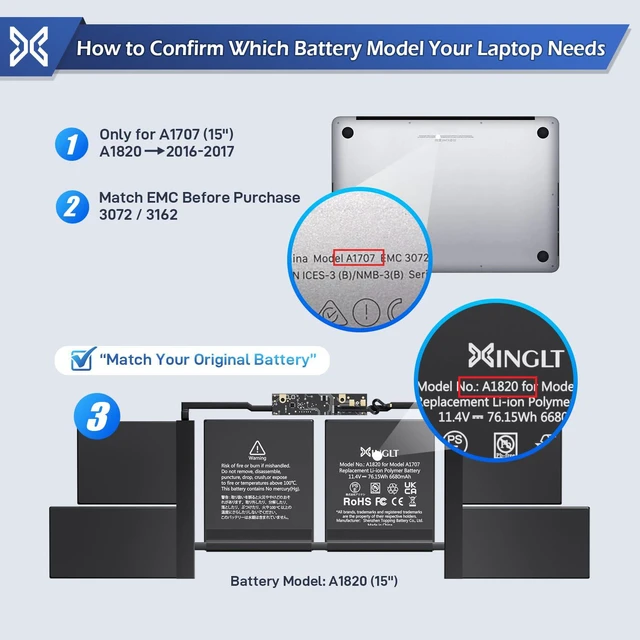 Alt view image 2 of 6 - A1707 Replacement Battery for MacBook Pro,A1820 Laptop Battery | for MacBook Pro 15 inch A1707 (2016, 2017) 6680mAh 76.15Wh EMC 3072 3162