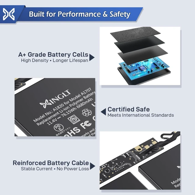 Alt view image 6 of 6 - A1707 Replacement Battery for MacBook Pro,A1820 Laptop Battery | for MacBook Pro 15 inch A1707 (2016, 2017) 6680mAh 76.15Wh EMC 3072 3162
