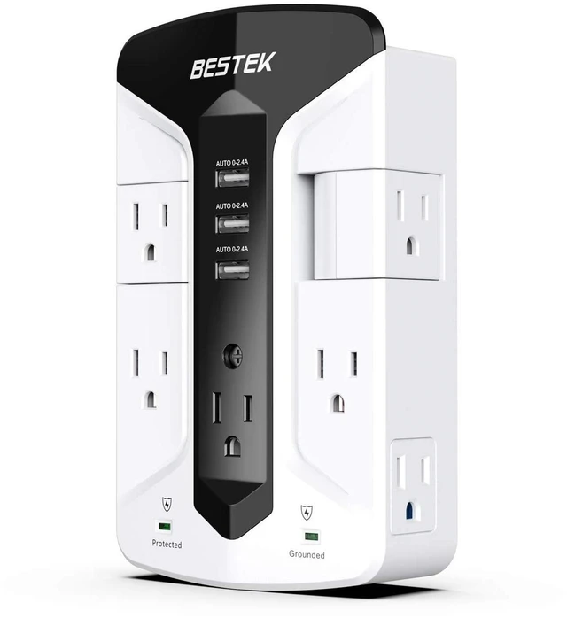 Main image of 7-Outlet Wall Tap Surge Protector Power Strip with Swivel Outlets, 3 USB Charging Ports, 900 Joule Surge Suppression, Top Phone Holder