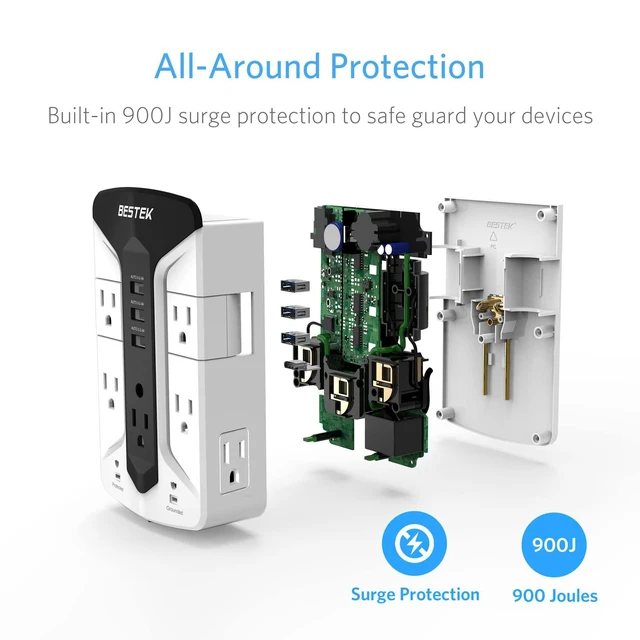 Alt view image 3 of 6 - 7-Outlet Wall Tap Surge Protector Power Strip with Swivel Outlets, 3 USB Charging Ports, 900 Joule Surge Suppression, Top Phone Holder