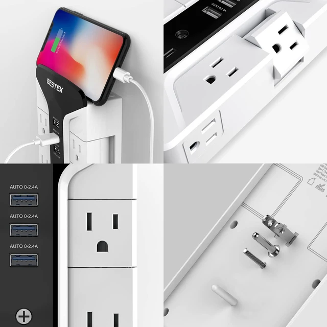 Alt view image 4 of 6 - 7-Outlet Wall Tap Surge Protector Power Strip with Swivel Outlets, 3 USB Charging Ports, 900 Joule Surge Suppression, Top Phone Holder
