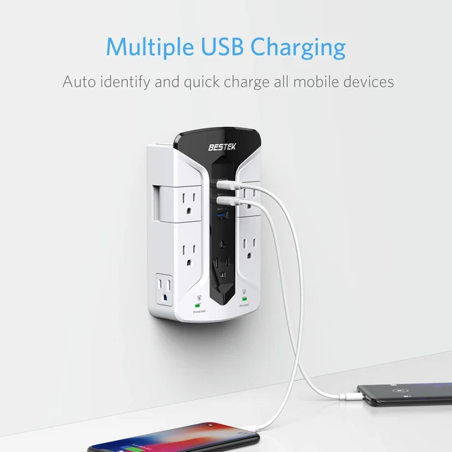 Alt view image 5 of 6 - 7-Outlet Wall Tap Surge Protector Power Strip with Swivel Outlets, 3 USB Charging Ports, 900 Joule Surge Suppression, Top Phone Holder