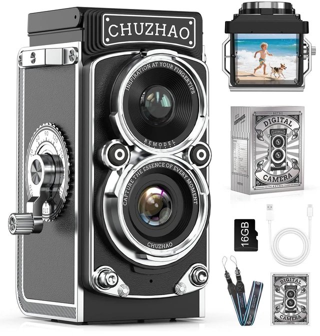 Main image of CHUZHAO Digital Camera Retro, Portable TLR Style Twin-Lens Vintage Camera, 12MP Autofocus 1080P FHD Point and Shoot Pocket Vlogging Retro Digital Cameras with16 GB Card for Beginners Teens Boys Girls