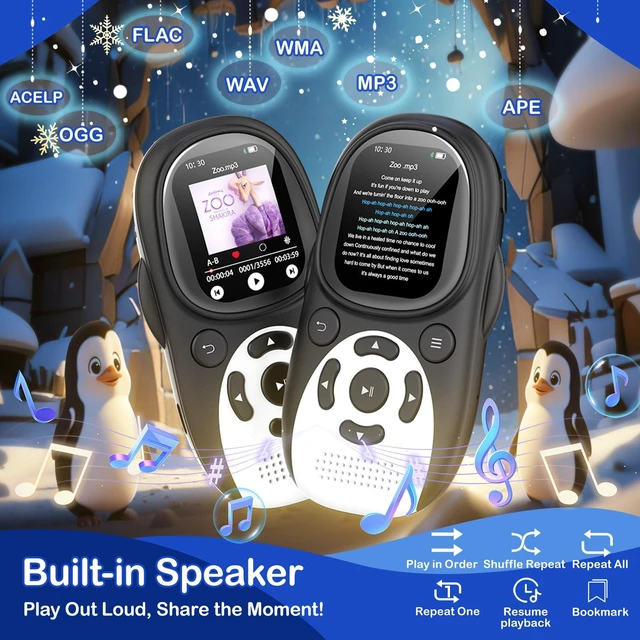 Alt view image 3 of 6 - 64GB Cute Penguin MP3 Player for Kids with Bluetooth 5.3 & Speaker | Volume Limit, 2" Screen, 65H Battery Life, FM Radio, Voice Recorder, Headphones, Lanyard, Supports 128GB microSD Card
