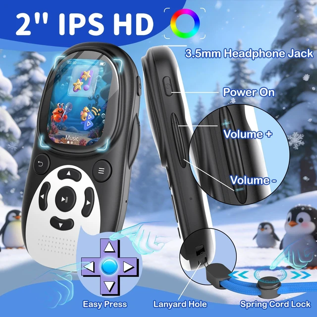 Alt view image 4 of 6 - 64GB Cute Penguin MP3 Player for Kids with Bluetooth 5.3 & Speaker | Volume Limit, 2" Screen, 65H Battery Life, FM Radio, Voice Recorder, Headphones, Lanyard, Supports 128GB microSD Card
