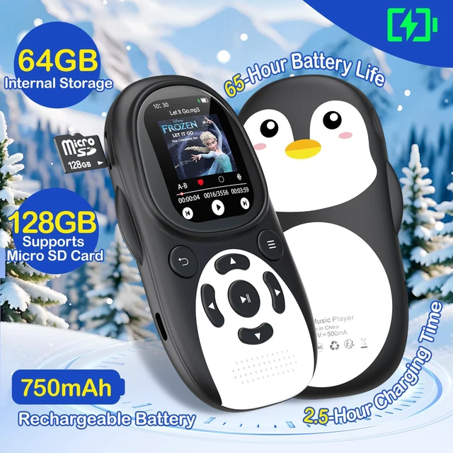 Alt view image 5 of 6 - 64GB Cute Penguin MP3 Player for Kids with Bluetooth 5.3 & Speaker | Volume Limit, 2" Screen, 65H Battery Life, FM Radio, Voice Recorder, Headphones, Lanyard, Supports 128GB microSD Card