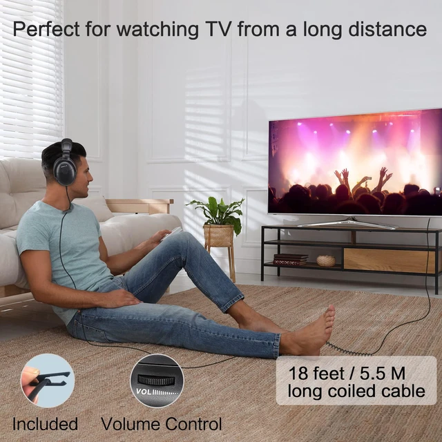 Alt view image 2 of 6 - Sound Amplified Wired Headphones with Extra Long Cord for TV with Clear Dialogue, 18ft/5.5M Long Coil Cord, Over Ear Wired TV Headphones for Seniors w/Volume Control & Clip, 40 Hrs Playtime