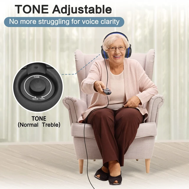 Alt view image 5 of 6 - Sound Amplified Wired Headphones with Extra Long Cord for TV with Clear Dialogue, 18ft/5.5M Long Coil Cord, Over Ear Wired TV Headphones for Seniors w/Volume Control & Clip, 40 Hrs Playtime