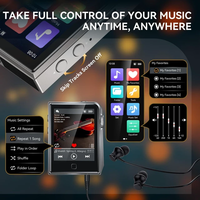 Alt view image 5 of 6 - 64GB HiFi Lossless MP3 Player with DAC & DSD Support, 2" Touchscreen | High Resolution Digital Audio Player with FLAC, CNC Aluminum Alloy Body, Resume Playback, Supports 128GB microSD Card