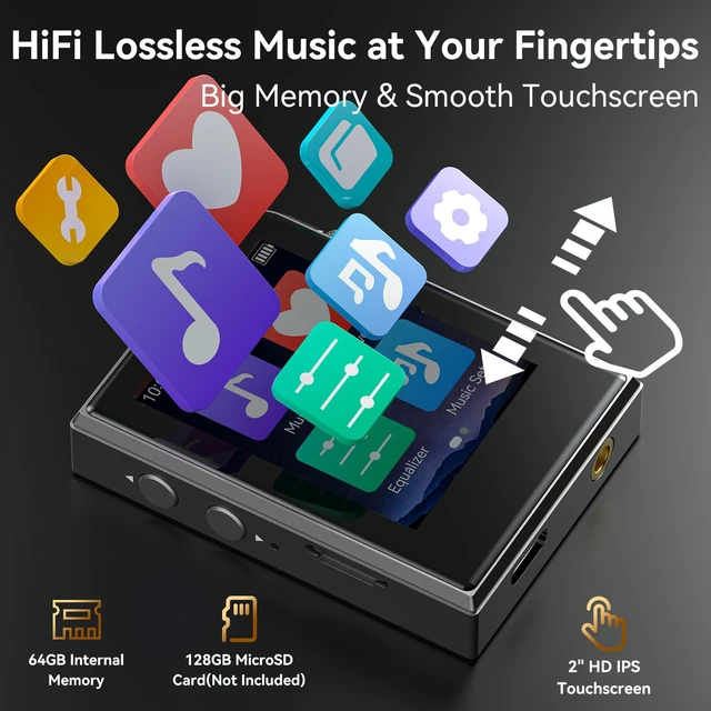 Alt view image 6 of 6 - 64GB HiFi Lossless MP3 Player with DAC & DSD Support, 2" Touchscreen | High Resolution Digital Audio Player with FLAC, CNC Aluminum Alloy Body, Resume Playback, Supports 128GB microSD Card