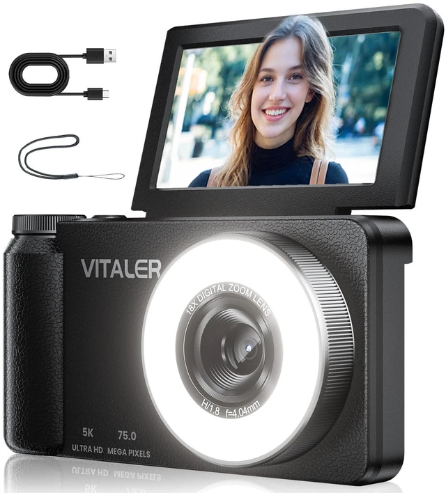 Main image of 5K Digital Camera for Photography with Fill Light, 3'' 180°Flip Screen, 75MP Vlogging Camera for YouTube Video, 18X Zoom Compact Point and Shoot Cameras for Beginner Teens, Kids, Black