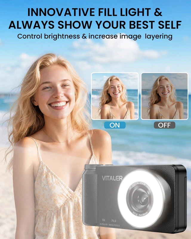 Alt view image 2 of 6 - 5K Digital Camera for Photography with Fill Light, 3'' 180°Flip Screen, 75MP Vlogging Camera for YouTube Video, 18X Zoom Compact Point and Shoot Cameras for Beginner Teens, Kids, Black