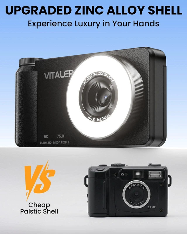 Alt view image 6 of 6 - 5K Digital Camera for Photography with Fill Light, 3'' 180°Flip Screen, 75MP Vlogging Camera for YouTube Video, 18X Zoom Compact Point and Shoot Cameras for Beginner Teens, Kids, Black