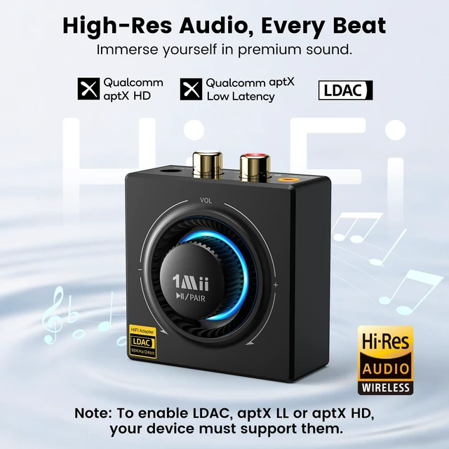 Alt view image 3 of 6 - B06T3+ Bluetooth Receiver with LDAC for Home Stereo, Wired Speakers | Hi-Res Wireless Audio Adapter with aptX Low Latency & HD, Knob Volume Control, RCA/3.5mm AUX for Music Streaming