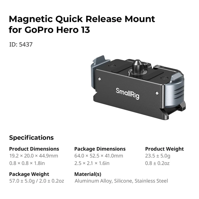 Alt view image 6 of 6 - Magnetic Quick Release Mount for GoPro Hero 13, Aluminum Adapter with 1/4"-20 Screw and Dual-Claws Interface, Base Compatible with Neck Mounts, Selfie Sticks, Magic Arms - 5437