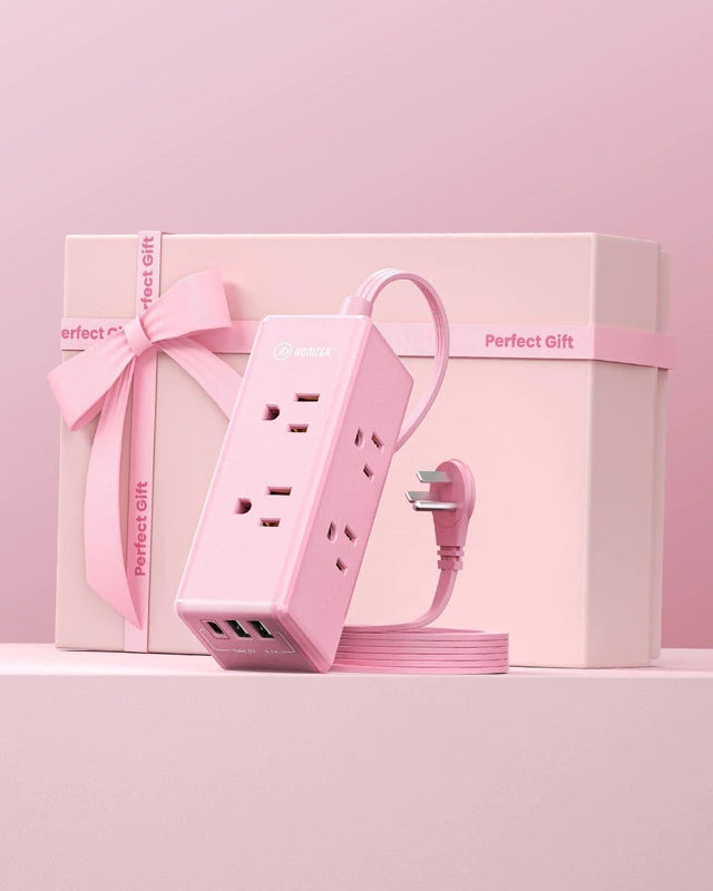Main image of 10ft Pink Extension Cord, Power Strip Flat Cord, 6 Outlets & 3 USB Ports (1 USB-C), Cute,Wall Mount for Home Office Dorm Desk Accessories, Blush Boost