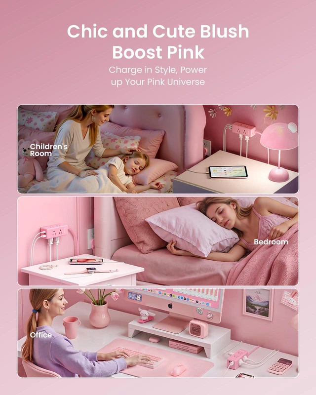 Alt view image 2 of 6 - 10ft Pink Extension Cord, Power Strip Flat Cord, 6 Outlets & 3 USB Ports (1 USB-C), Cute,Wall Mount for Home Office Dorm Desk Accessories, Blush Boost