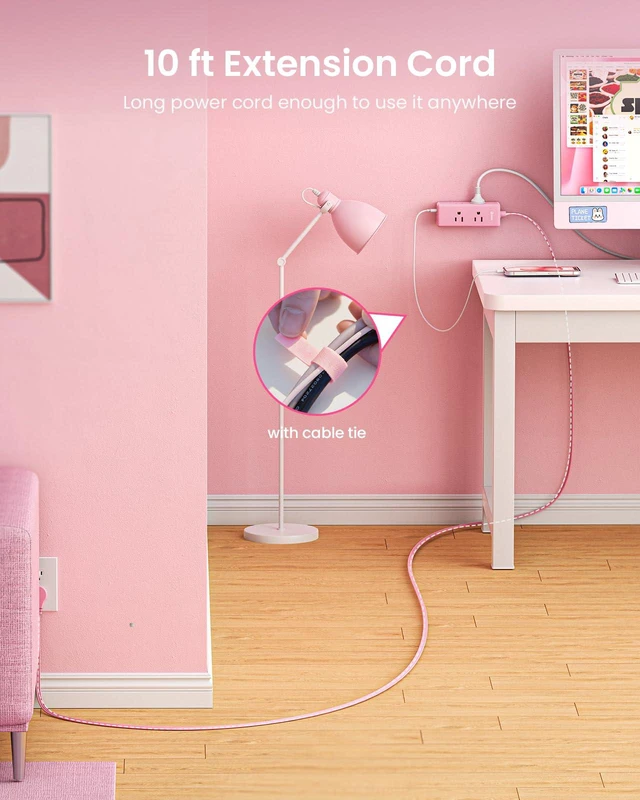 Alt view image 3 of 6 - 10ft Pink Extension Cord, Power Strip Flat Cord, 6 Outlets & 3 USB Ports (1 USB-C), Cute,Wall Mount for Home Office Dorm Desk Accessories, Blush Boost