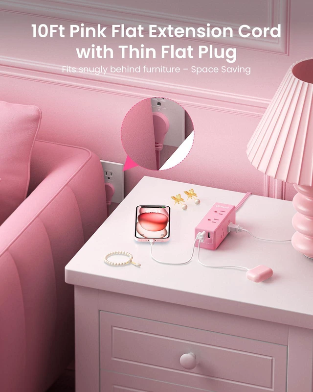 Alt view image 5 of 6 - 10ft Pink Extension Cord, Power Strip Flat Cord, 6 Outlets & 3 USB Ports (1 USB-C), Cute,Wall Mount for Home Office Dorm Desk Accessories, Blush Boost