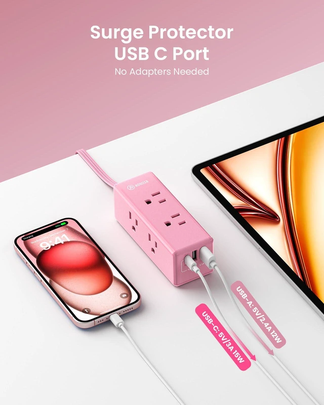 Alt view image 6 of 6 - 10ft Pink Extension Cord, Power Strip Flat Cord, 6 Outlets & 3 USB Ports (1 USB-C), Cute,Wall Mount for Home Office Dorm Desk Accessories, Blush Boost