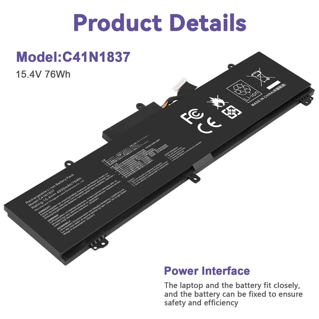 Alt view image 3 of 6 - C41N1837 Laptop Battery for ASUS ROG Zephyrus G15 GA501I GA502 GA502D GA502DU GA502GU GA502IV GU502 GU502DU GX502GW GX532GV GU532GW GU502LU GU502LW GU502LV GX502LXS GX502GV GX502GW 0B200-03380100