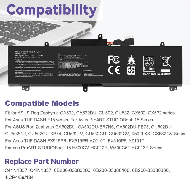 Alt view image 6 of 6 - C41N1837 Laptop Battery for ASUS ROG Zephyrus G15 GA501I GA502 GA502D GA502DU GA502GU GA502IV GU502 GU502DU GX502GW GX532GV GU532GW GU502LU GU502LW GU502LV GX502LXS GX502GV GX502GW 0B200-03380100