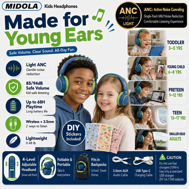 Alt view image 2 of 6 - Kids Bluetooth Headphones Wireless,ANC, 68H,Safe Volume Limit 85/94dB | Active Noise Cancelling,Adjustable Headband Foldable Over-Ear for Toddler Girls Boys Tablet/iPad,HD Stereo,Built-in Mic,Green