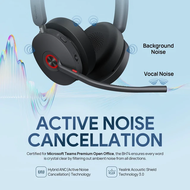 Alt view image 3 of 6 - BH74 AI ANC Wireless Headset with Mic for Work with Charging Dock | 6 Hybrid ANC Mic for Clear Call,Bluetooth Headphone for Open Office WFH,Mute Button&32H Battery Life,Teams Certified,USB C/A