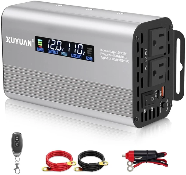 Main image of XUYUAN 1000W Pure Sine Wave Inverter 12V/24V for RV Camping Truck Emergency | 12V/24V Auto-Detect to 110V,50Hz/60Hz Switchable,LCD Display,Type-C Fast Charge,Safe&Silent for RV,Camping,Emergency Backu
