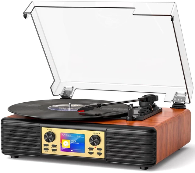 Main image of Vintage Vinyl Record Player with Speakers, PC Recording, Red | 3-speed belt drive Bluetooth turntable with LCD and alarm/sleep, RCA/AUX, headphone jack, retro wood décor gift for home