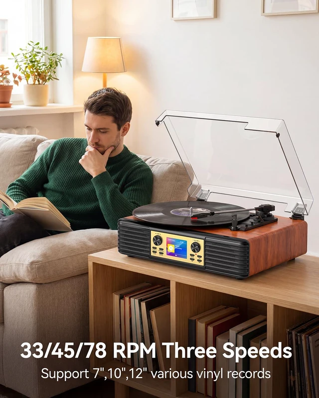 Alt view image 2 of 6 - Vintage Vinyl Record Player with Speakers, PC Recording, Red | 3-speed belt drive Bluetooth turntable with LCD and alarm/sleep, RCA/AUX, headphone jack, retro wood décor gift for home