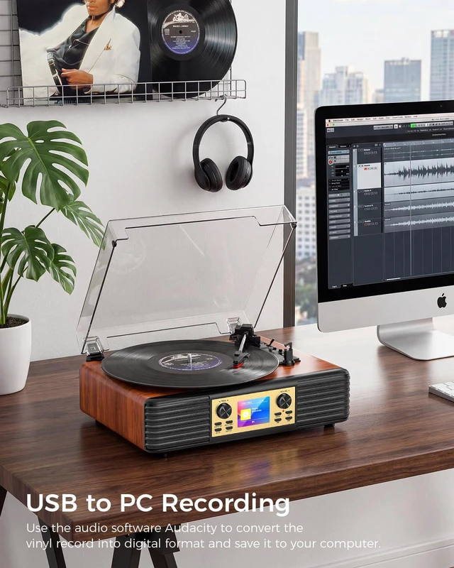 Alt view image 3 of 6 - Vintage Vinyl Record Player with Speakers, PC Recording, Red | 3-speed belt drive Bluetooth turntable with LCD and alarm/sleep, RCA/AUX, headphone jack, retro wood décor gift for home
