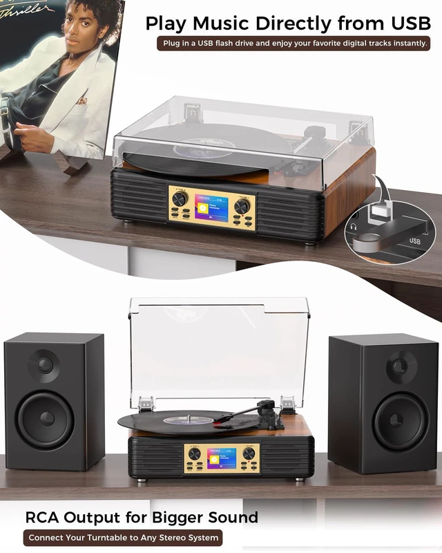 Alt view image 4 of 6 - Vintage Vinyl Record Player with Speakers, PC Recording, Red | 3-speed belt drive Bluetooth turntable with LCD and alarm/sleep, RCA/AUX, headphone jack, retro wood décor gift for home