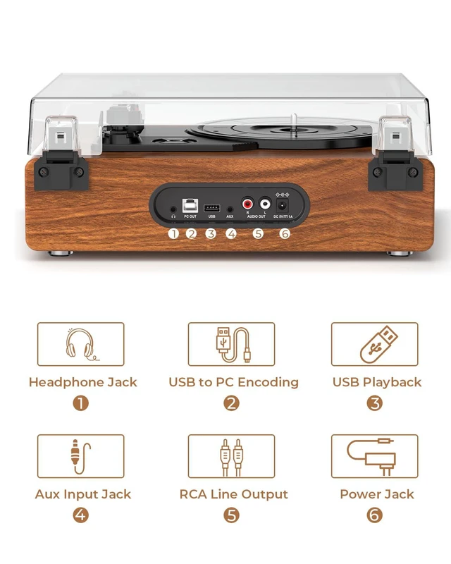 Alt view image 5 of 6 - Vintage Vinyl Record Player with Speakers, PC Recording, Red | 3-speed belt drive Bluetooth turntable with LCD and alarm/sleep, RCA/AUX, headphone jack, retro wood décor gift for home